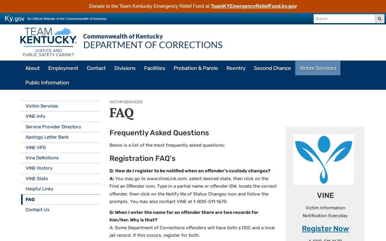 Kentucky VINE offender search and notification instructions