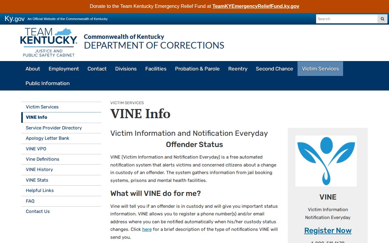 Kentucky Department of Corrections VINE search and notification information