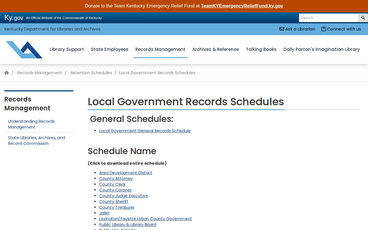 Kentucky local government records retention schedule index
